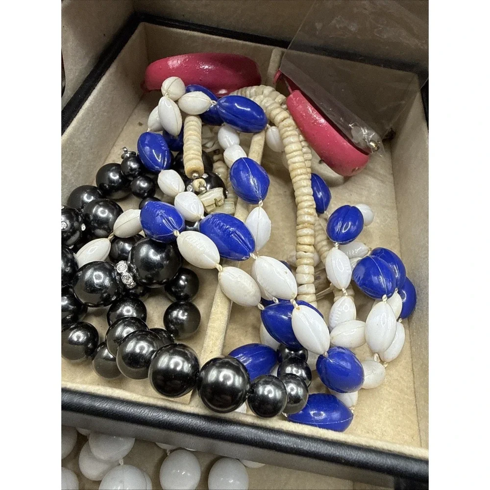 Vintage Jewelry Box Lot: Box, Necklaces, Bracelets, Rings, Earrings